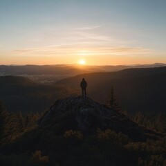 Silhouette of a Person Contemplating a Mountainous Landscape at Sunset