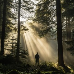 Person stands in a foggy forest with beams of sunlight shining through the trees