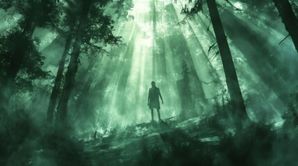 Silhouette of Figure Standing in a Misty Forest Bathed in Sunbeams