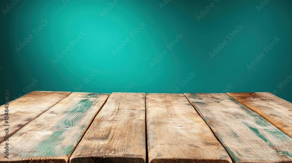 Poster an empty rustic wooden table set against a smooth teal background that evokes a sense of calm, perfe