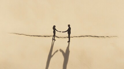 Silhouetted Business People Handshake on Sand Dune with Long Shadows