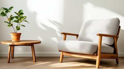An elegant and minimalistic living room featuring a light grey armchair and a stylish plant on a wooden table, beautifully lit by natural sunlight creating a serene atmosphere.