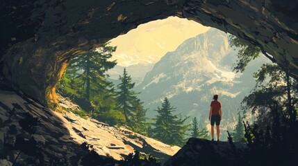 Person Standing at a Cave Entrance Overlooking a Valley with Mountains and Evergreen Trees