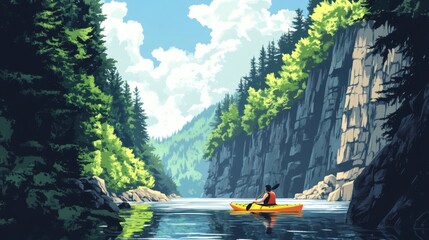 Kayaker Paddling on Calm Waters Between Rocky Cliffs and Lush Green Forest