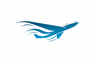 Obraz premium Minimalist airplane silhouette with abstract wing motifs, speed design in blue and white