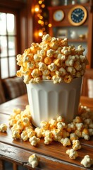 Bowl of popcorn on a table with a clock in the background