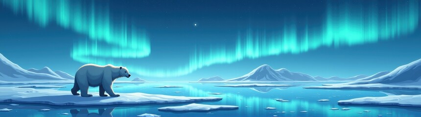 Of a polar bear standing on an ice floer in the middle of a lake