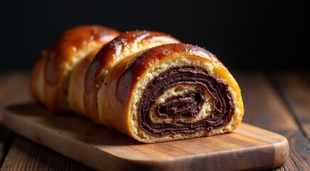 Chocolate pastry on a wooden cutting board