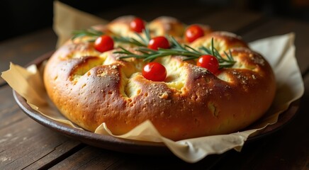 Bread with cherry tomatoes and rosemary sprigs on top