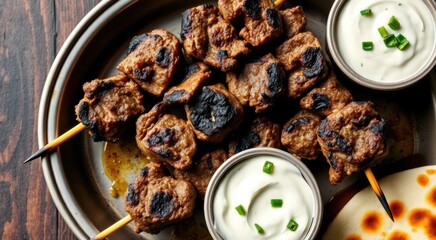 Several skewers of meat on a plate with dips