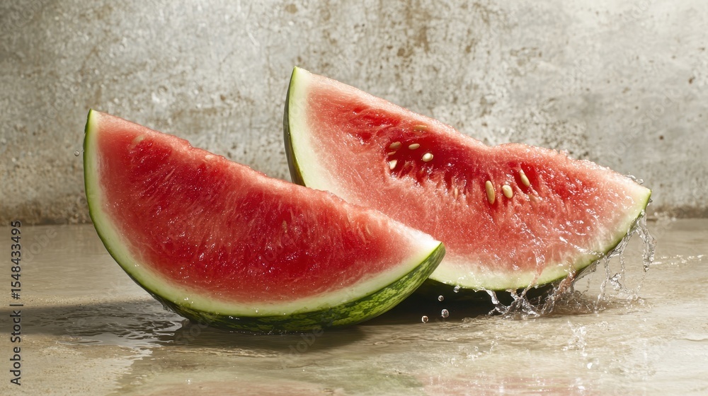 Poster refreshing watermelon slices placed on a surface create a visually appealing and fruity scene, highl