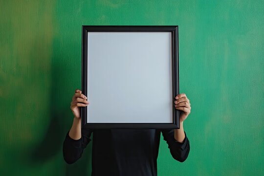 Blank framed picture held by person against a green wall