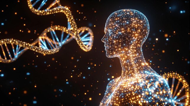 AI-generated digital photo of genetic engineering with glowing DNA spiral and human silhouette made of digital particles

