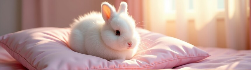 White rabbit sitting on a pink pillow on a bed