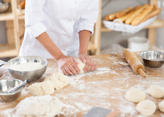 Fototapeta premium Cute doughs arranged on table in light bakery with close-up of woman's hands skillfully kneading dough at food production line