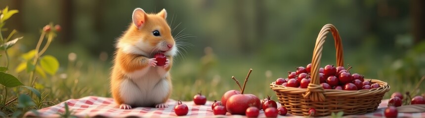 Hamster that is eating some cherries on a picnic blanket