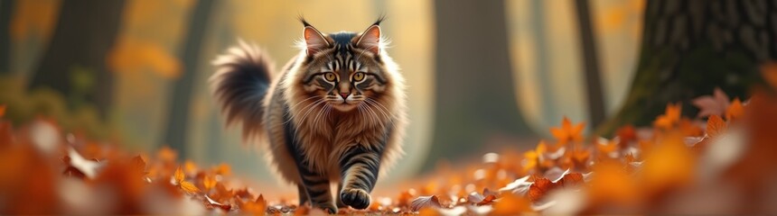 Cat walking in the woods with leaves on the ground