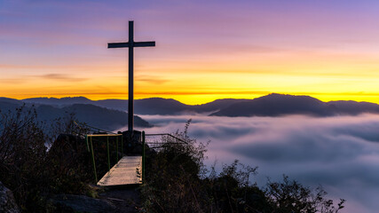 Rock lookout Mlynářův kámen in the Czech Central Highlands before sunrise with morning mist in...