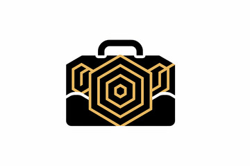 Geometric briefcase vector logo design in black and gold with clean lines.