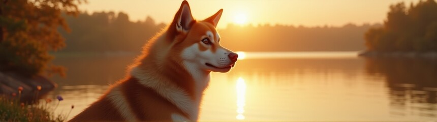 Akita dog sitting in front of a lake at sunset