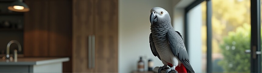 Parrot that is standing on a table in the kitchen
