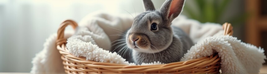 Small rabbit sitting in a basket on a table
