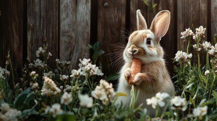 Adorable rabbit gently holding a carrot amidst beautiful flowers, exuding a sense of innocence and charm, set against a rustic wooden background, perfect for nature lovers.