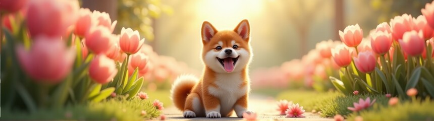 Dog sitting in the middle of a field of flowers