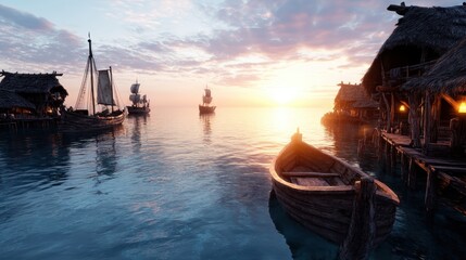The tranquil sunset casts a golden hue on an old-world village dotted with ships sailing along still waters, evoking a sense of adventure and nostalgia.