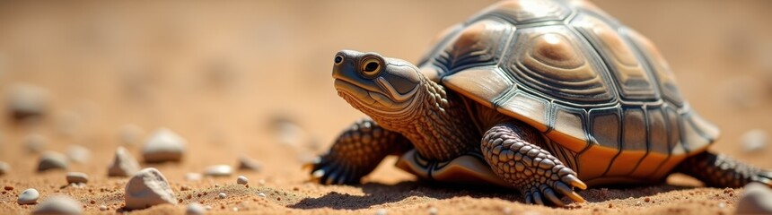 Small turtle that is sitting on the ground