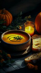 Food Photography, Plating, Props, Cozy Autumn Soup Scene with Pumpkin, Bread, and Candlelight