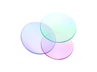 Set 3d glass round shape icon. Transparent circle podium, plate, disk, lens flying. Abstract color crystal element. Pastel gradient platform with glass morphism effect. Vector realistic illustration