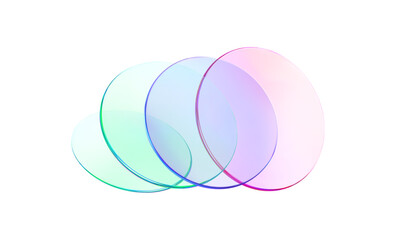 Set 3d glass round shape icon. Transparent circle podium, plate, disk, lens flying. Abstract color crystal element. Pastel gradient platform with glass morphism effect. Vector realistic illustration