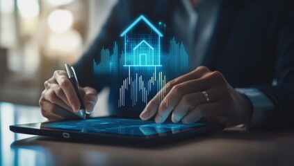 Businessperson uses tablet to view digital house icon with financial data