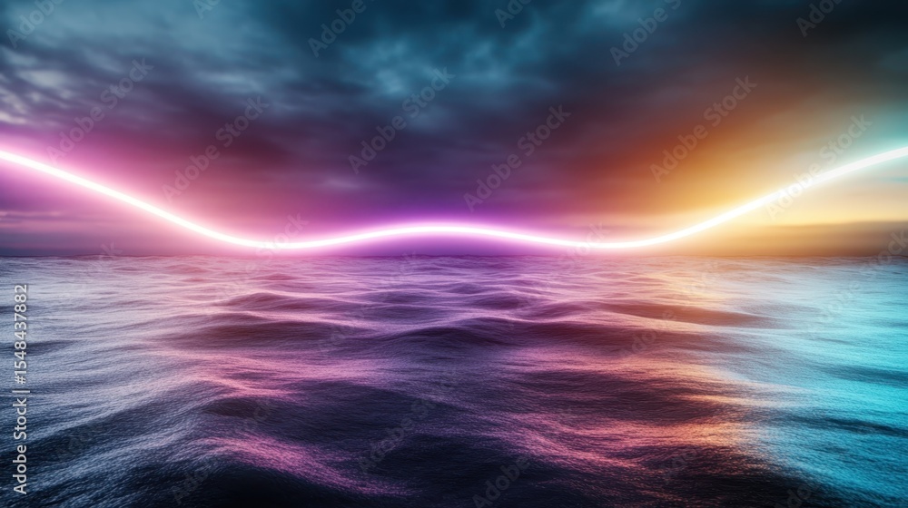 Poster a mesmerizing abstract ocean view with vibrant colors and neon lights, creating an immersive visual 