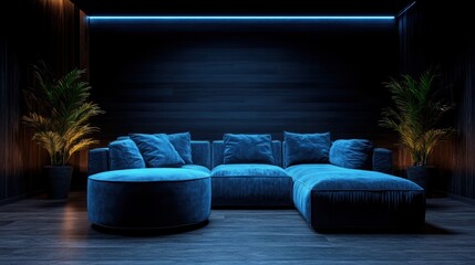 Obraz premium This image features a beautifully designed blue sofa, enhanced with ambient lighting, creating a modern and cozy atmosphere perfect for relaxation or entertainment.