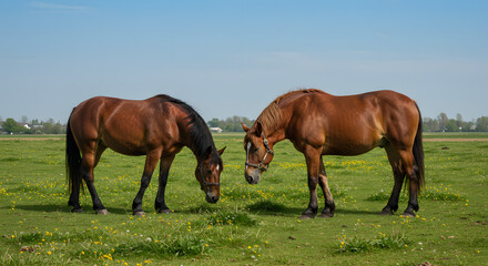Obraz premium Brown Horses Grazing and Standing on Open Meadow Under Cloudy Sky