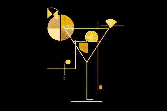 Geometric cocktail glass design with gold and black palette and citrus slices