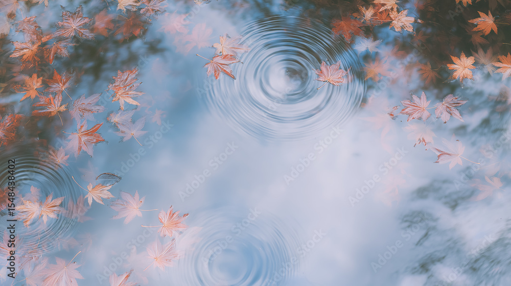Aufkleber autumn leaves float gently on calm water surface, creating ripples. the tranquil setting showcases c