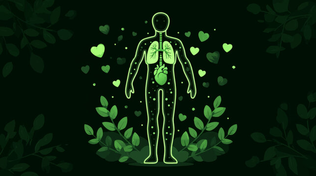 Stylized vector of human figure with glowing lungs surrounded by green hearts and leaves for organ donation awareness - Powered by Adobe
