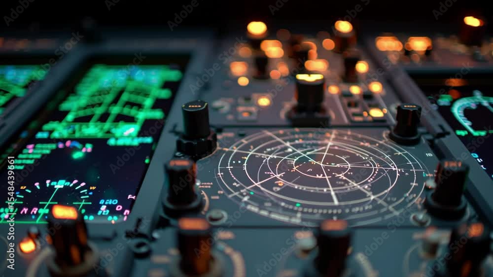 Poster marine radar console displaying navigation data, illuminated by colorful lights at night, providing 