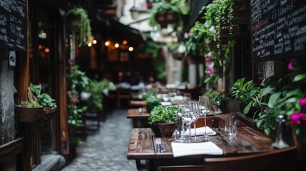 Obraz premium A picturesque outdoor restaurant setting adorned with blooming plants and greenery, creating an inviting atmosphere for diners, perfect for enjoying meals in a serene environment.