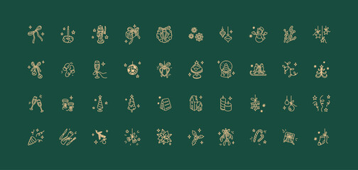 Merry Christmas and Happy New year cute line doodle golden icons set. Xmas winter minimalist drawing. Festive ornament. Holiday celebration background. Star, snowflake, ball, bubble, wreath, bow