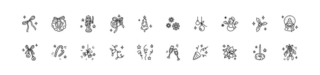 Set of xmas doodle hand drawn cute outline icons. Kids crayon scribbles. Handwriting vector illustration. Confetti, popper, festive decoration, Christmas tree, winter snow house globe, gift box bow