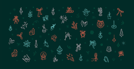 Merry Christmas and Happy New Year cute line doodle festive background. Handwriting sketch vector illustration. Holiday decor. Winter clipart, snow house, xmas tree ball and bubble, fun snowman