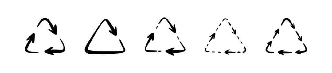 Hand drawn doodle triangle recycle symbol set. Paper, plastic, garbage, waste reuse handwriting icon sign. Crayon scribble grunge vector illustration. Eco-friendly project design element. Cycle arrow
