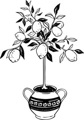 Hand drawn doodle lemon tree potted in mosaic greek vase with whimsical pattern. Indoor flower plant pot. Sketch linocut vintage vector illustration. Summer citrus fruit drawing. Mediterranean design