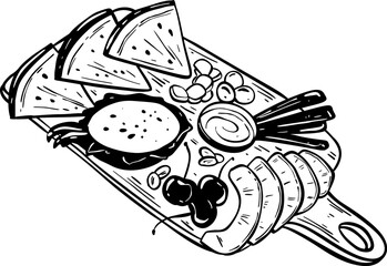 Summer fruit and cheese charcuterie board. Dragon fruit, water melon, cherry plate. Sketch doodle drawing. Spanish tapas. Beach party appetiser. Wine, champagne, Prosecco platter