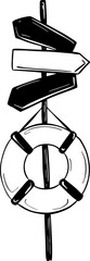 Signpost with lifebuoy hand drawn doodle vector illustration. Beach seaside wooden direction sign. Wood arrows on the coast line with preserver. Lifesaver hanging on the crossroad billboard