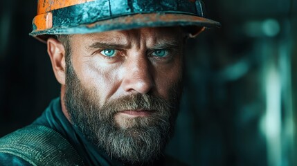 A close-up portrait of a focused male worker wearing a hard hat conveys determination and strength, symbolizing the grit and dedication found in various professions.